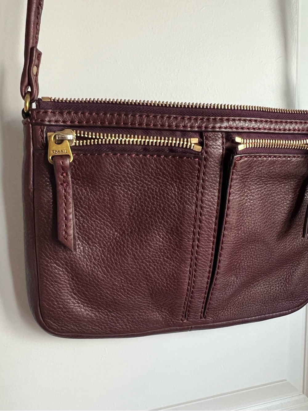 Fossil Deep Burgundy Leather Crossbody with Gold Hardware